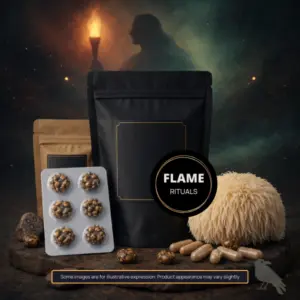 Flame hybrid microdosing ritual kit with truffle blister and Lion’s Mane capsules by Valhalla Store